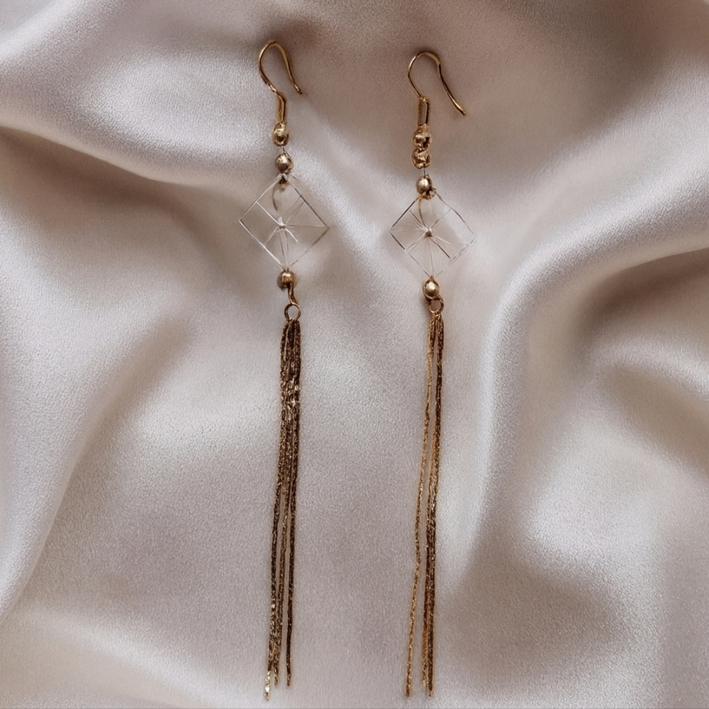 Statement Gold Fringe Earrings with Clear Cube Beads – Fishhook Style Jewelry